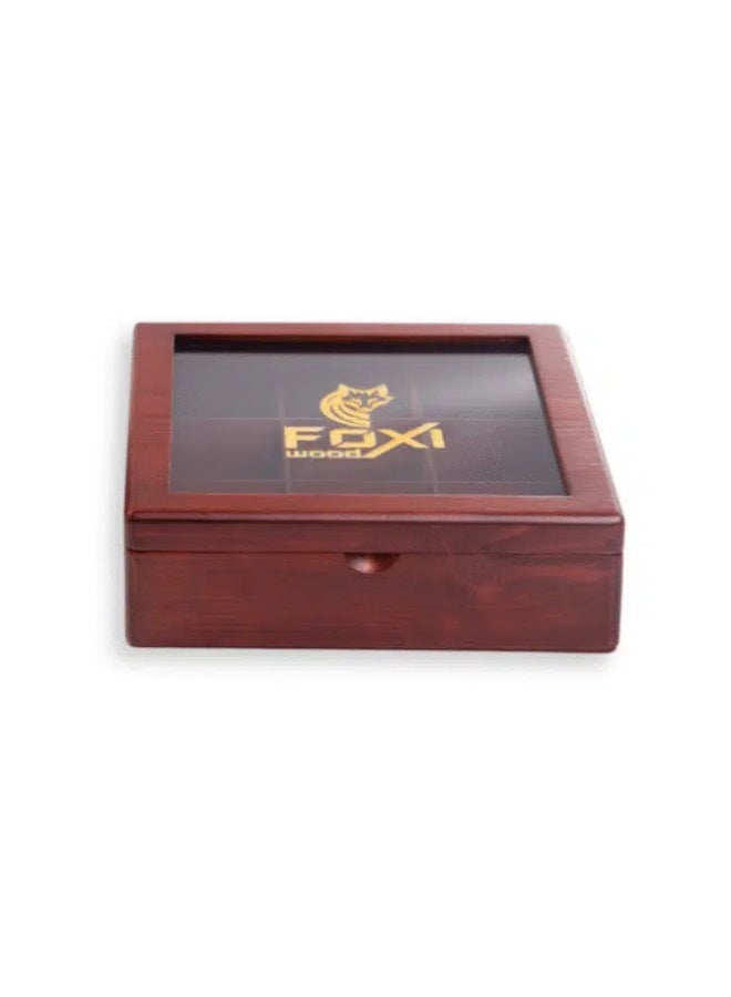 فوكسود علبة شاي خشبية فاخرة من فوكسي وود – 9 فتحات – بني محمر - Image 2